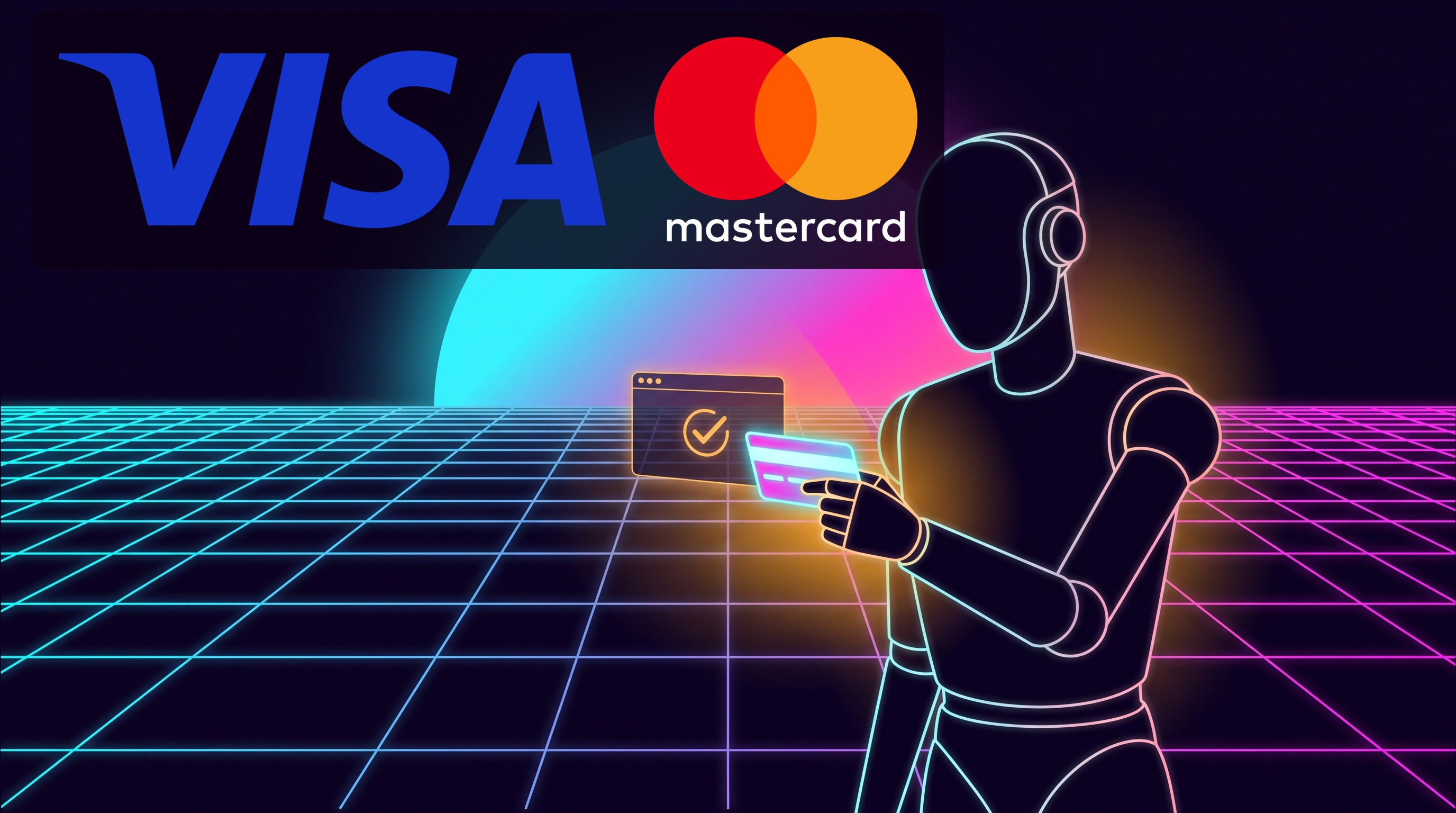 Un agente de IA sosteniendo una tarjeta glowing en una interfaz de pago, estilo synthwave